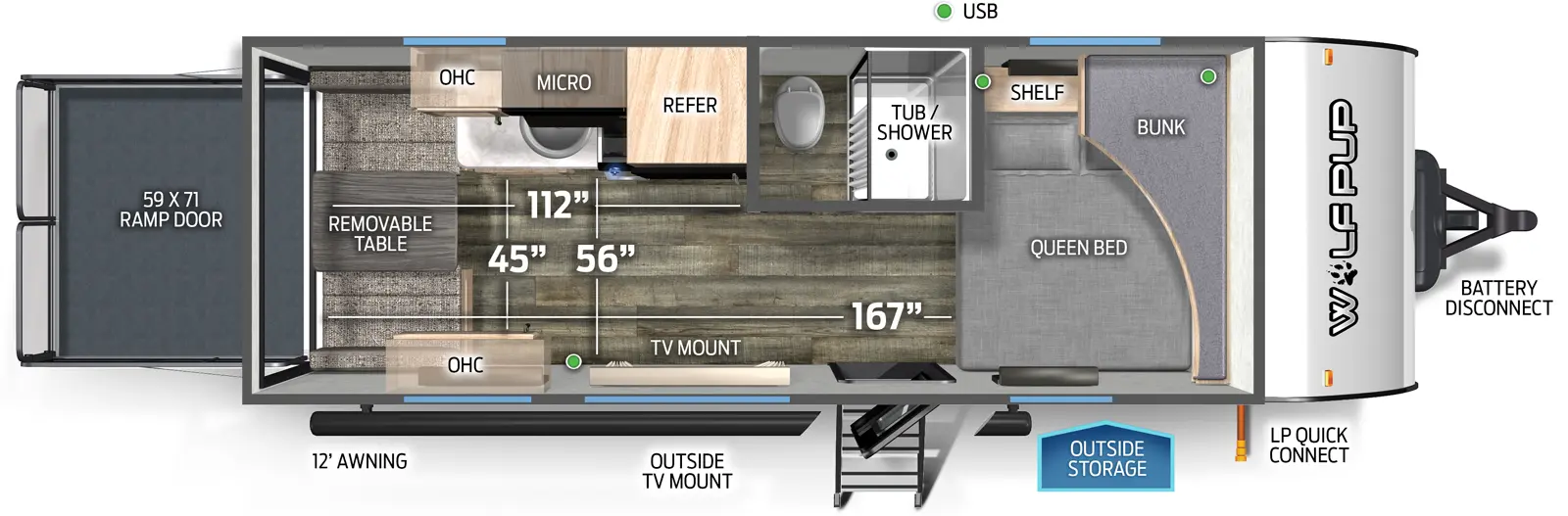 The 18RJBW has no slideouts, one entry door, and a rear ramp door. Exterior features a 12 foot awning, outside TV mount, outside storage, LP quick connect, and battery disconnect. Interior layout front to back: side-facing queen bed with shelf, and bunk above; off-door side aisle bathroom with only a toilet and tub/shower; off-door side refrigerator, microwave, overhead cabinets, cooktop, and kitchen countertop with sink; door side entry, TV mount and overhead cabinet; rear removable table and seats. Cargo area dimensions: 167 inches from the rear to the queen bed, 112 inches from the rear to the bathroom wall, 45 inches between kitchen countertop and door side overhead cabinet, 56 inches between kitchen countertop and door side wall, and 59x71 inch rear ramp door.